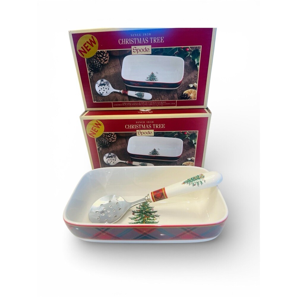 Spode Christmas Tree Tartan serving dish with a slotted spoon Set Of 2